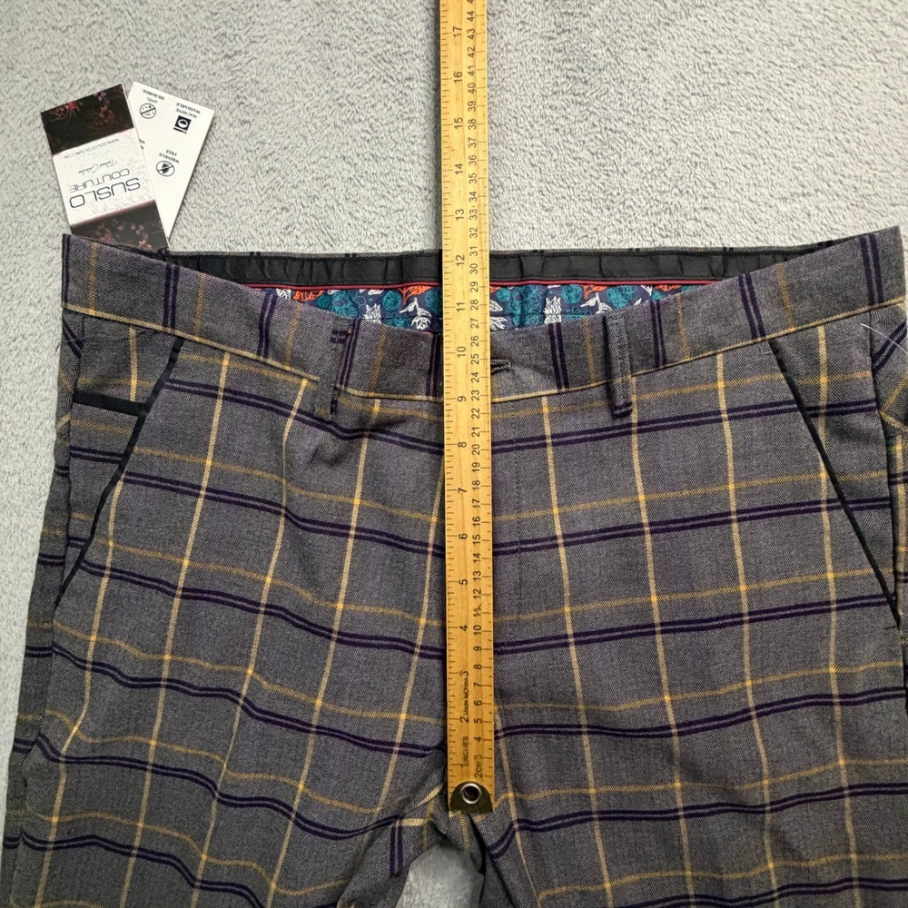 Suslo Couture Mens Grey Yellow Plaid Tailored Slim Fit Dress Pants W36 L32 NWT - Picture 9 of 12